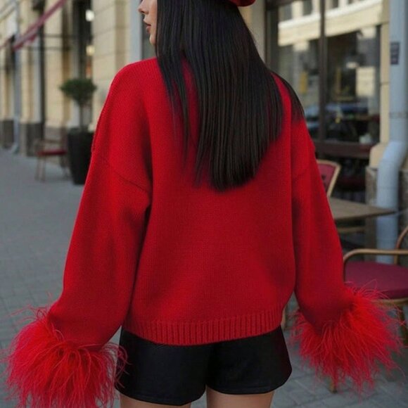 Red Casual Festive Women's fluffy faux fur sleeve cuffs Cardigan Top - Picture 5 of 11